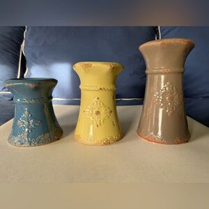 Set of Vintage Ceramic Candle Holders - Blue, Yellow, and Brown